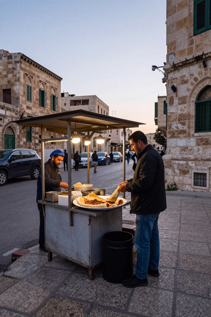 Early Morning Amman Street Scene with Plate of Lahmacun and Local Interaction in in Amman, Jordan