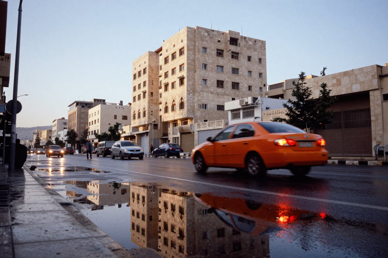 Early Morning Amman Street Scene with Puddle Reflections of Hotel Windows and Tail Lights in in Amman, Jordan