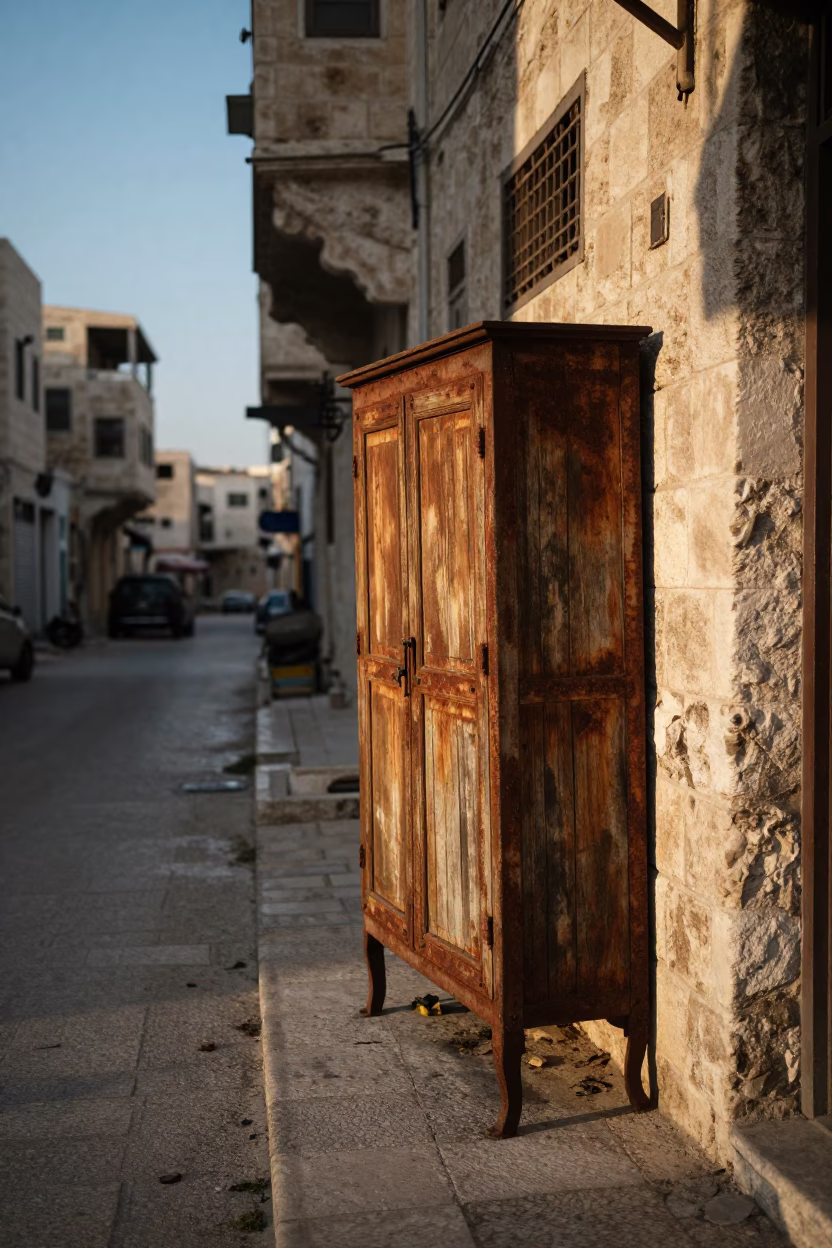 Early Morning Amman Street Scene with Rusty Cabinet and Spice Jar in Jordan in in Amman, Jordan