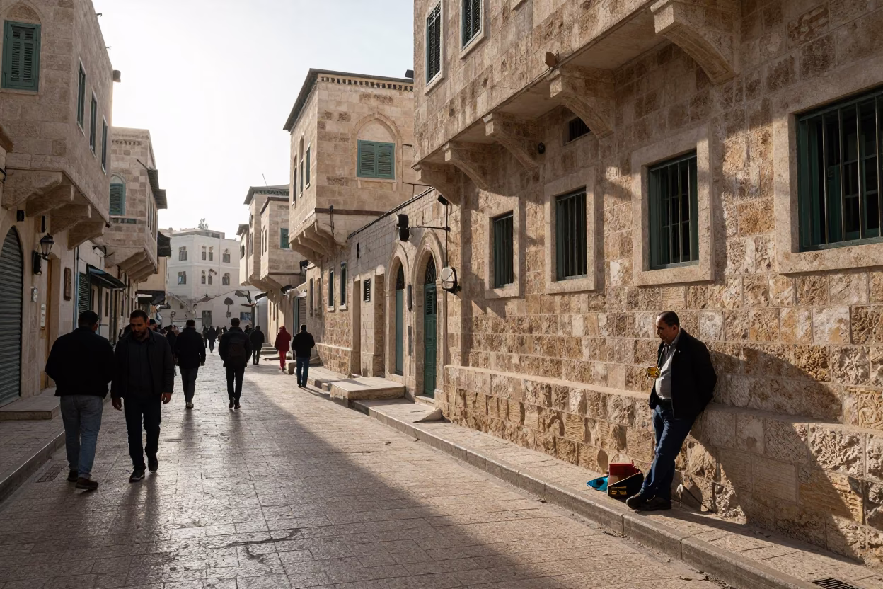 Early Morning Amman Street Scene with Vintage Mug and Local Interaction in in Amman, Jordan