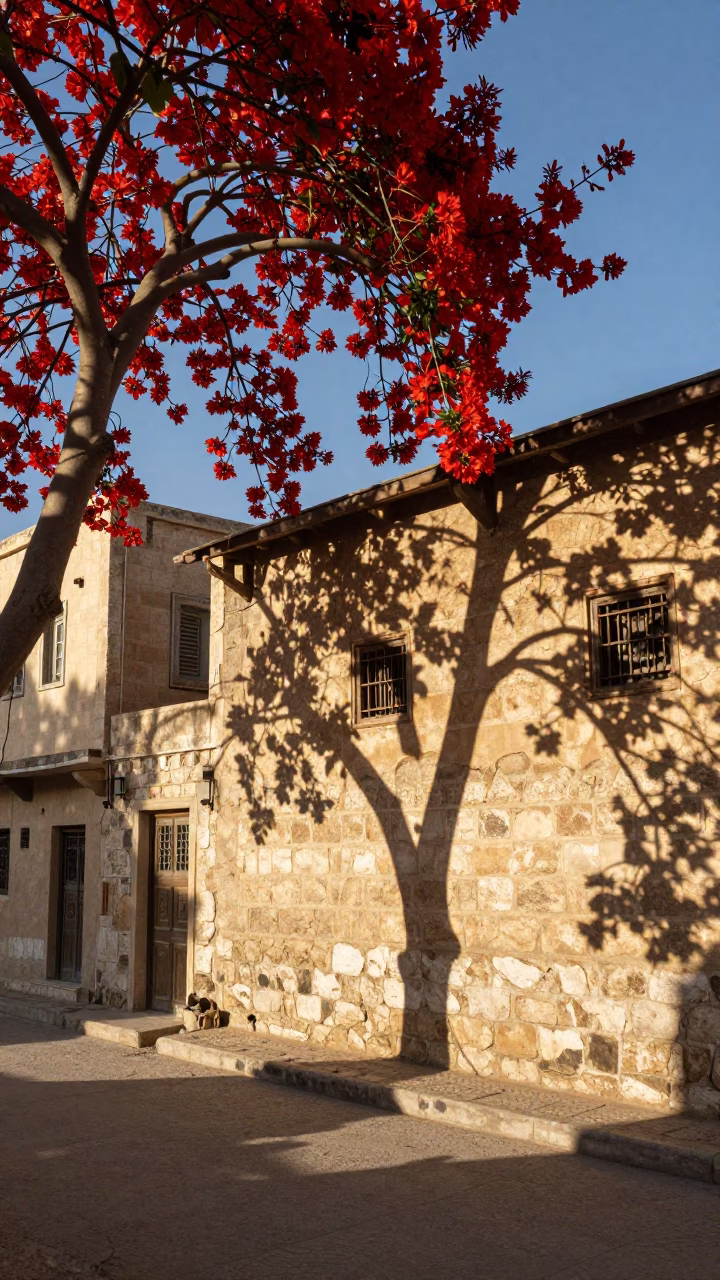 Early Morning Amman Street Scene with Wicker Shadow and Flame Tree Bloom in in Amman, Jordan