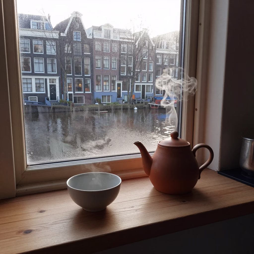 Early Morning Amsterdam Canal House Breakfast with Condensation and Clay Teapot in in Amsterdam, Netherlands