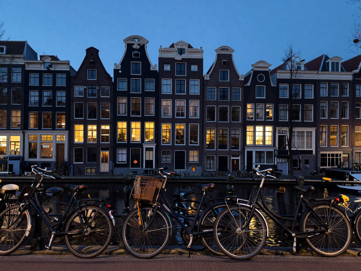 Early Morning Amsterdam Canal House Facade and Bicycle Cluster Before Dawn in in Amsterdam, Netherlands