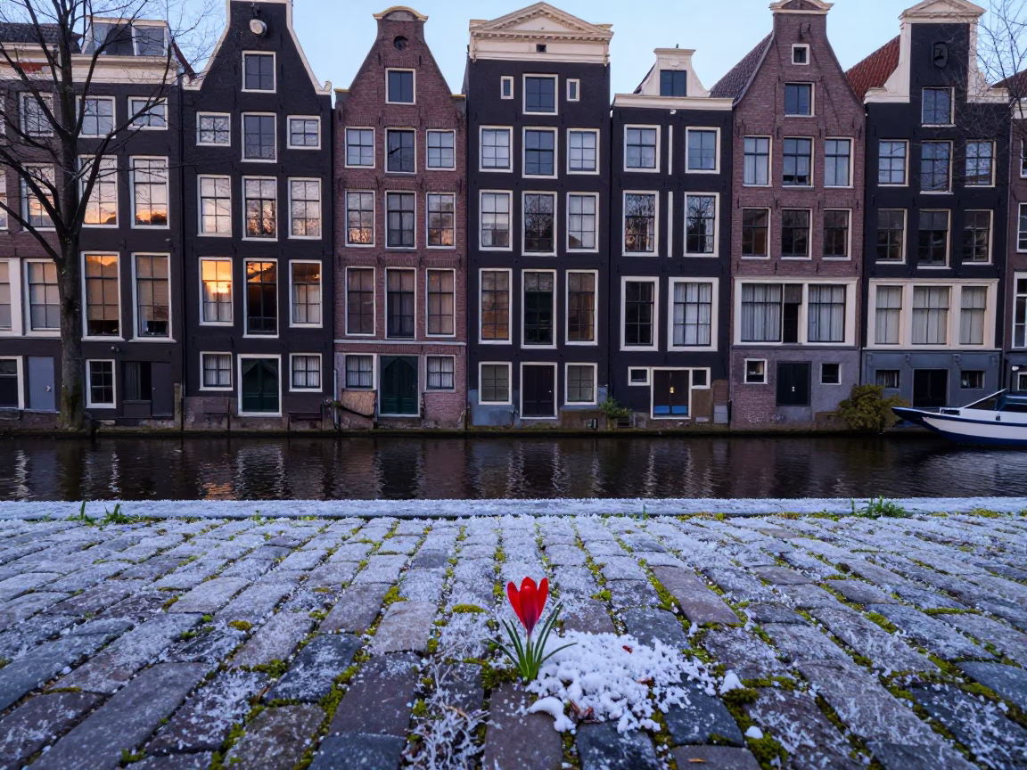 Early Morning Amsterdam Canal House Facade with Cobblestones and Wet Street Reflections Before Dawn in in Amsterdam, Netherlands