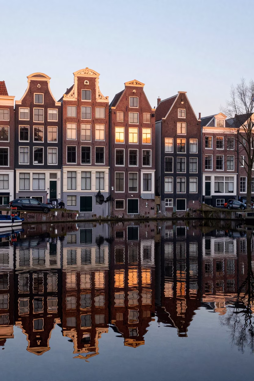Early Morning Amsterdam Canal House Reflections and Quiet Waterfront Streets in in Amsterdam, Netherlands
