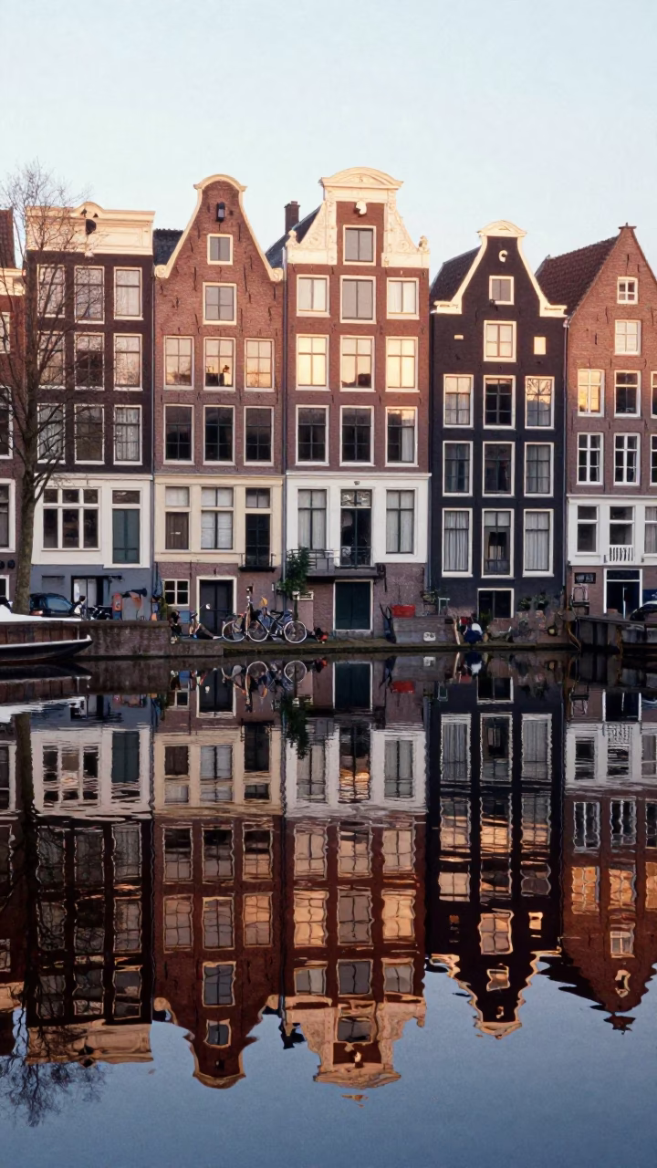 Early Morning Amsterdam Canal Reflection with Traditional House Facades and Quiet Water in in Amsterdam, Netherlands