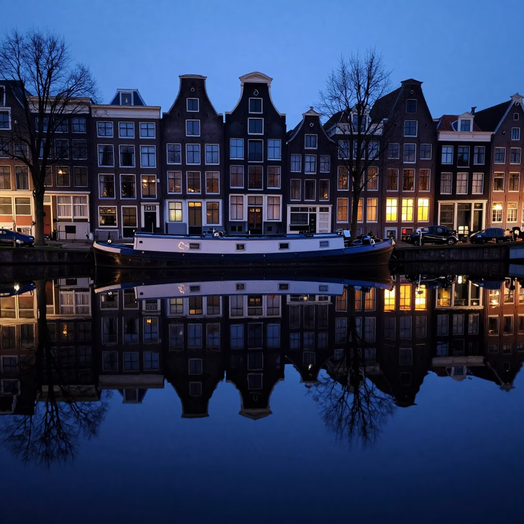 Early Morning Amsterdam Canal Reflections with Moored Barges and Cobblestone Quayside in in Amsterdam, Netherlands