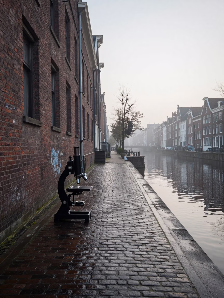 Early Morning Amsterdam Canal Scene with Antique Microscope and Lantern in Fog in in Amsterdam, Netherlands