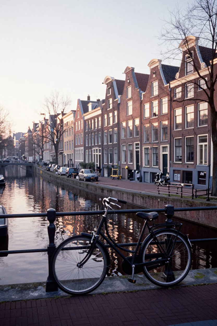 Early Morning Amsterdam Canal Scene with Bicycle and Brick Architecture in in Amsterdam, Netherlands