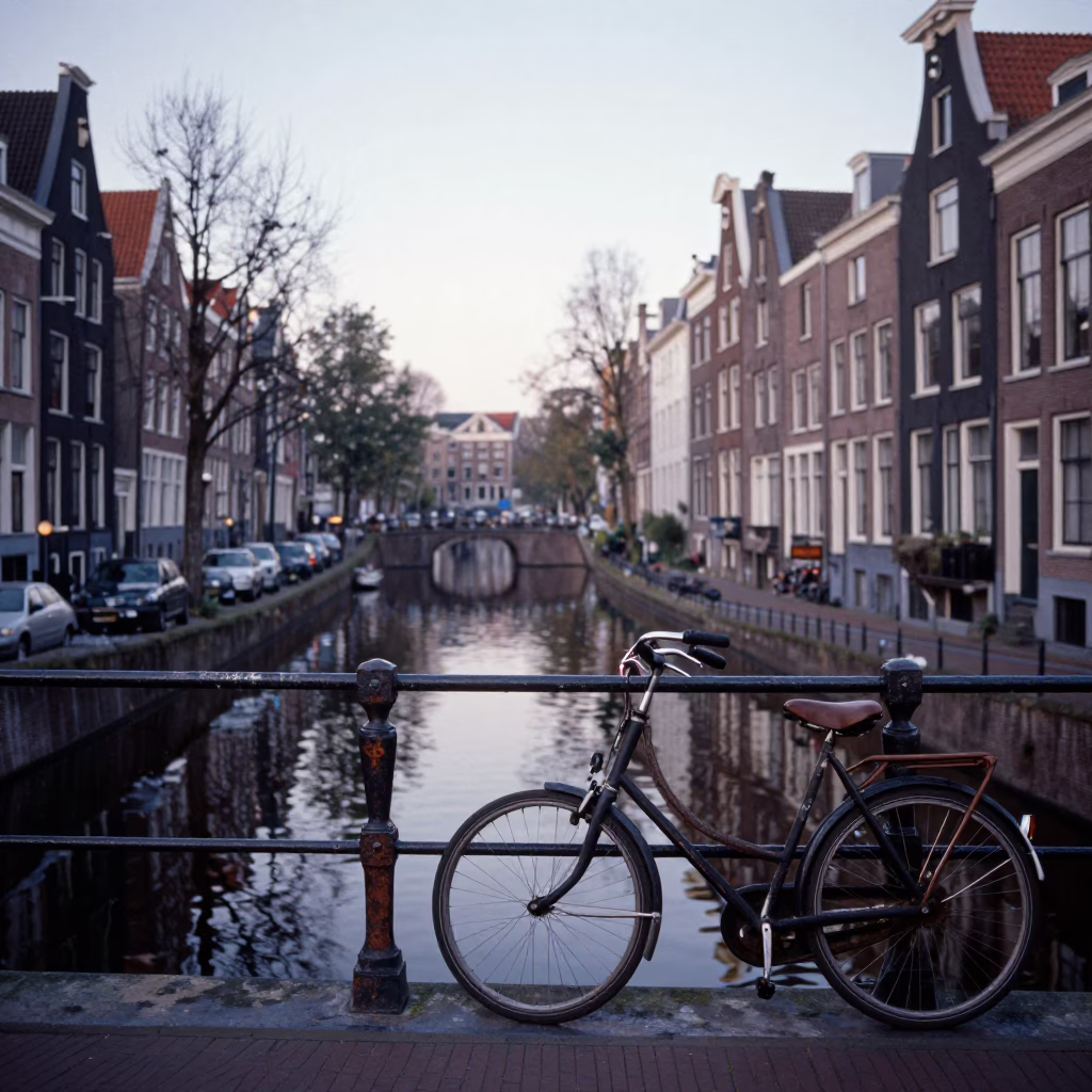 Early Morning Amsterdam Canal Scene with Bicycle and Leaning Vine in in Amsterdam, Netherlands