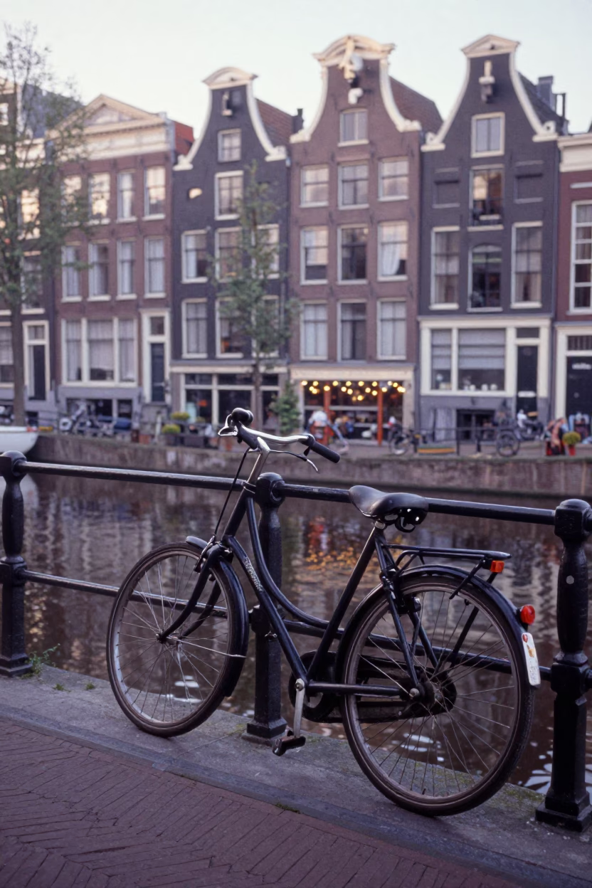 Early Morning Amsterdam Canal Scene with Leaning Bicycle and Rusty Lamp Post in in Amsterdam, Netherlands