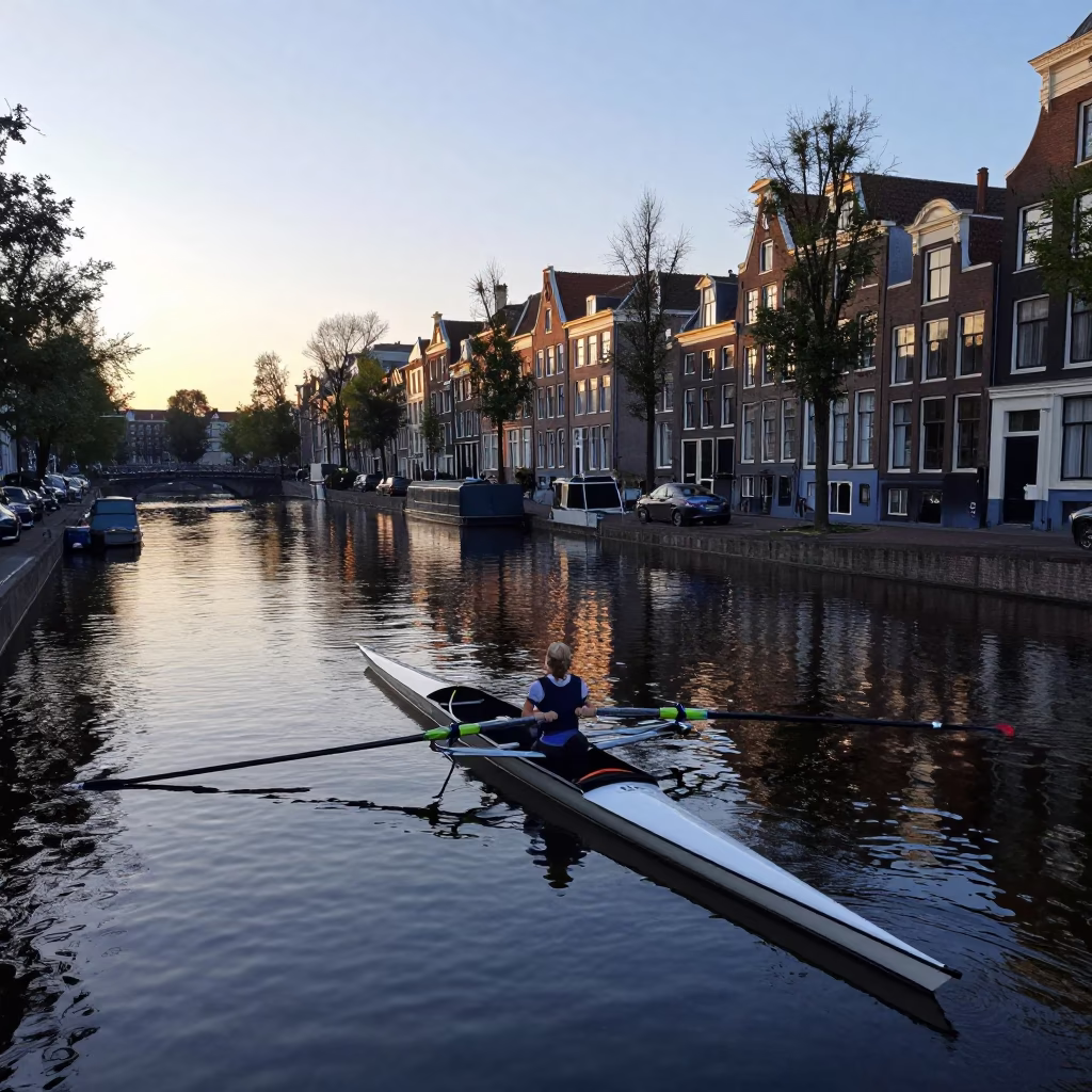 Early Morning Amsterdam Canal Scene with Rowing Shell and Historic Brick Architecture in in Amsterdam, Netherlands