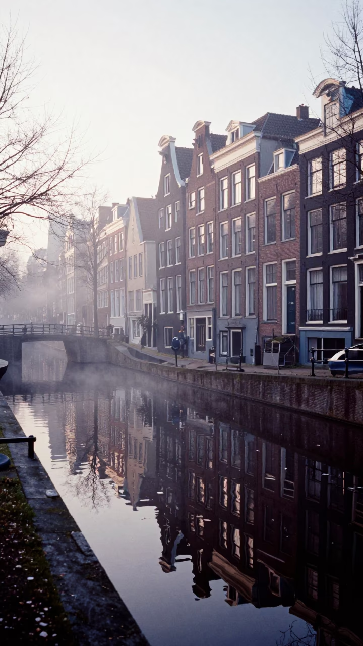 Early Morning Amsterdam Canal Scene with Steam Haze and Historic Brick Architecture in in Amsterdam, Netherlands