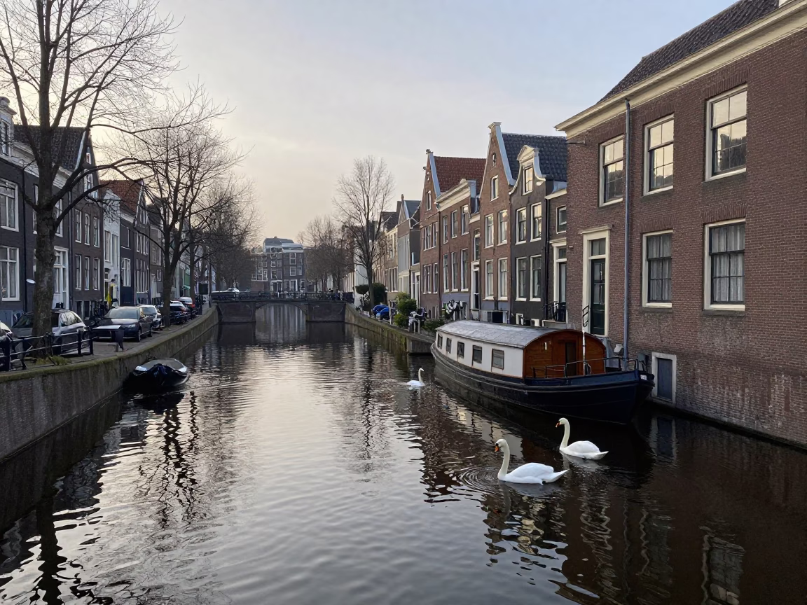 Early Morning Amsterdam Canal Scene with Swans and Brick Architecture in in Amsterdam, Netherlands