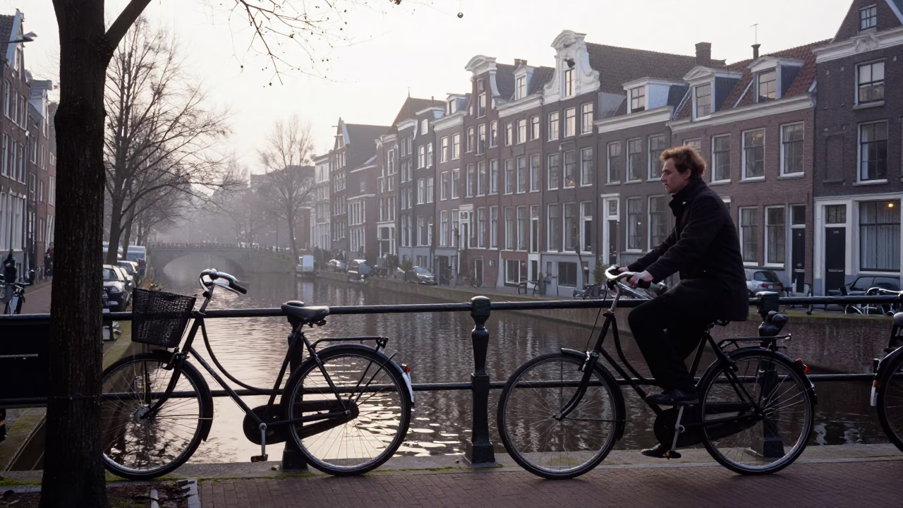 Early Morning Amsterdam Canal Scene with Vintage Bicycle and Magazines in in Amsterdam, Netherlands