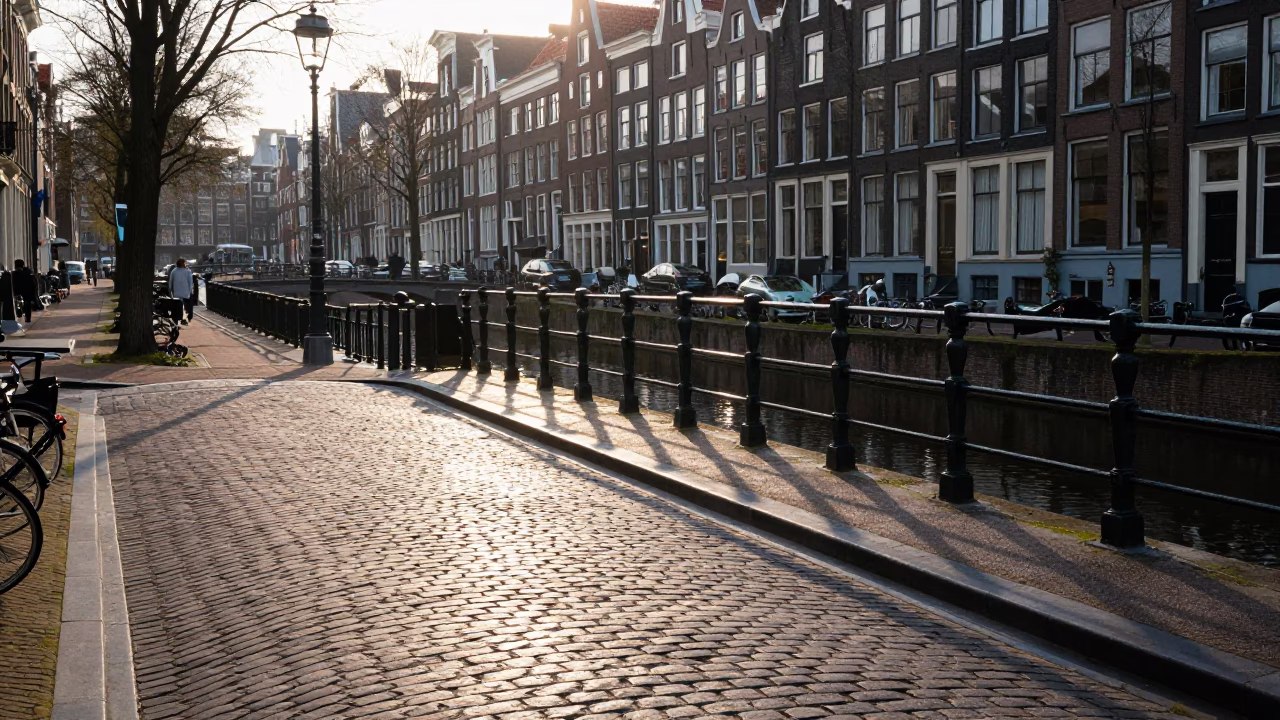 Early Morning Amsterdam Canal Street Scene with Cobblestones and Brick Architecture in in Amsterdam, Netherlands