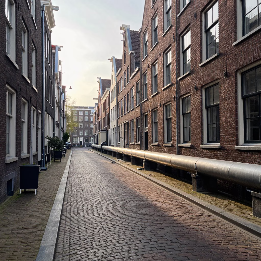 Early Morning Amsterdam Canal Street Scene with District Heating Pipes and Concrete Apartment Blocks in in Amsterdam, Netherlands