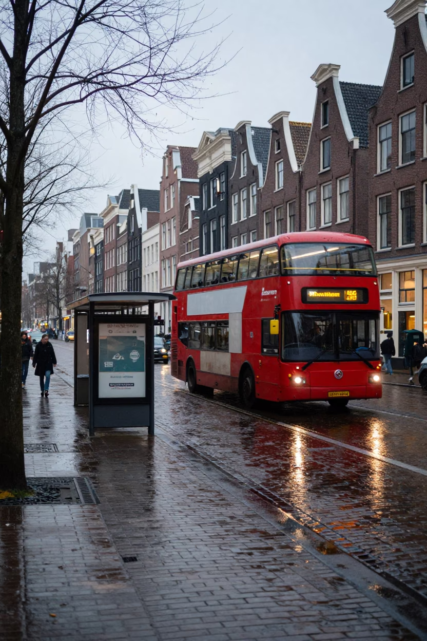Early Morning Amsterdam Canal Street Scene with Double Decker Bus and Lockbox in in Amsterdam, Netherlands