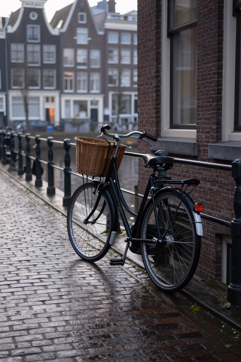 Early Morning Amsterdam Canal Street Scene with Vintage Bicycle and Cobblestone Reflections in in Amsterdam, Netherlands