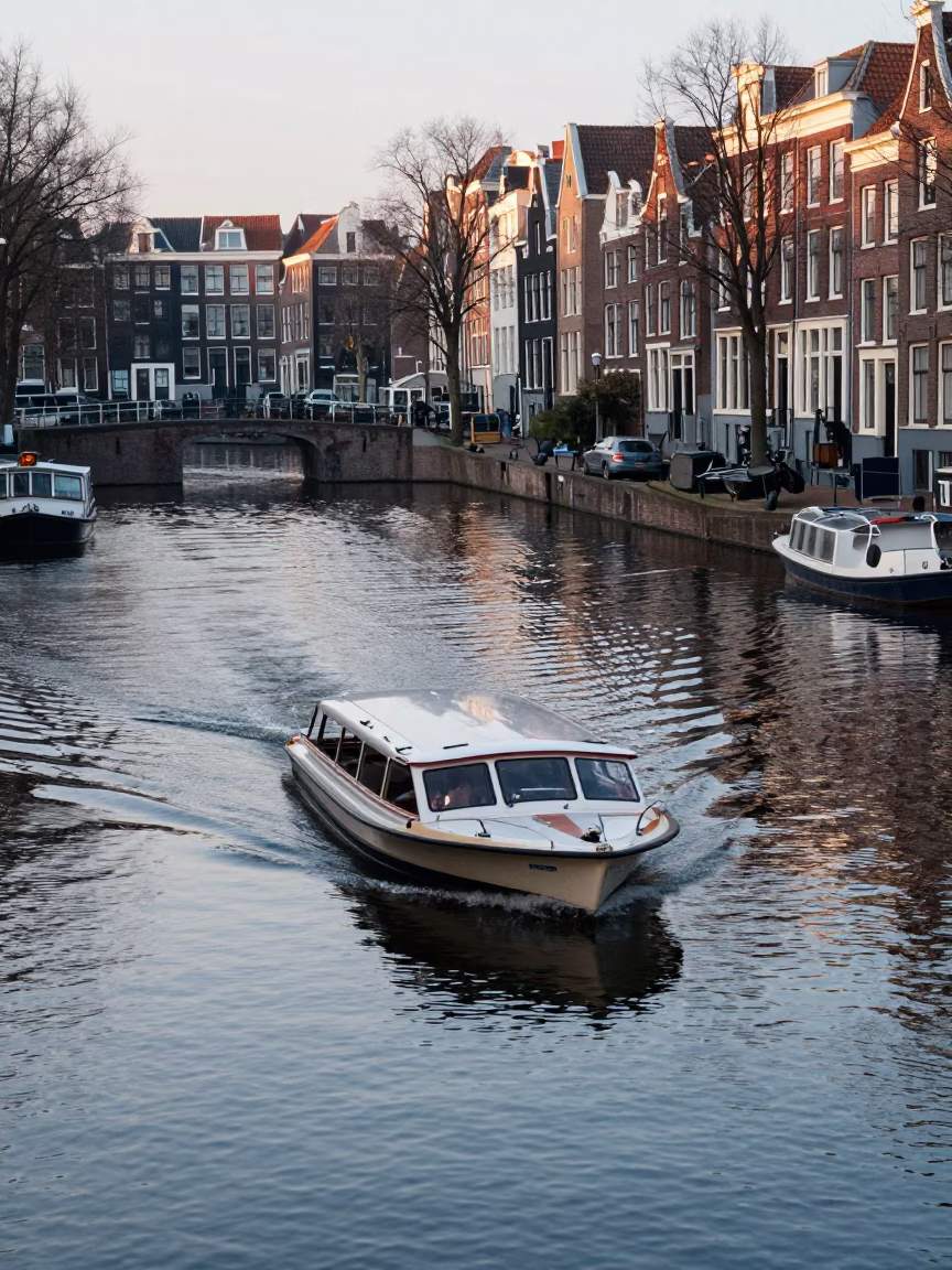 Early Morning Amsterdam Canal Water Taxi Zigzagging Past Houseboats and Stone Benches in in Amsterdam, Netherlands