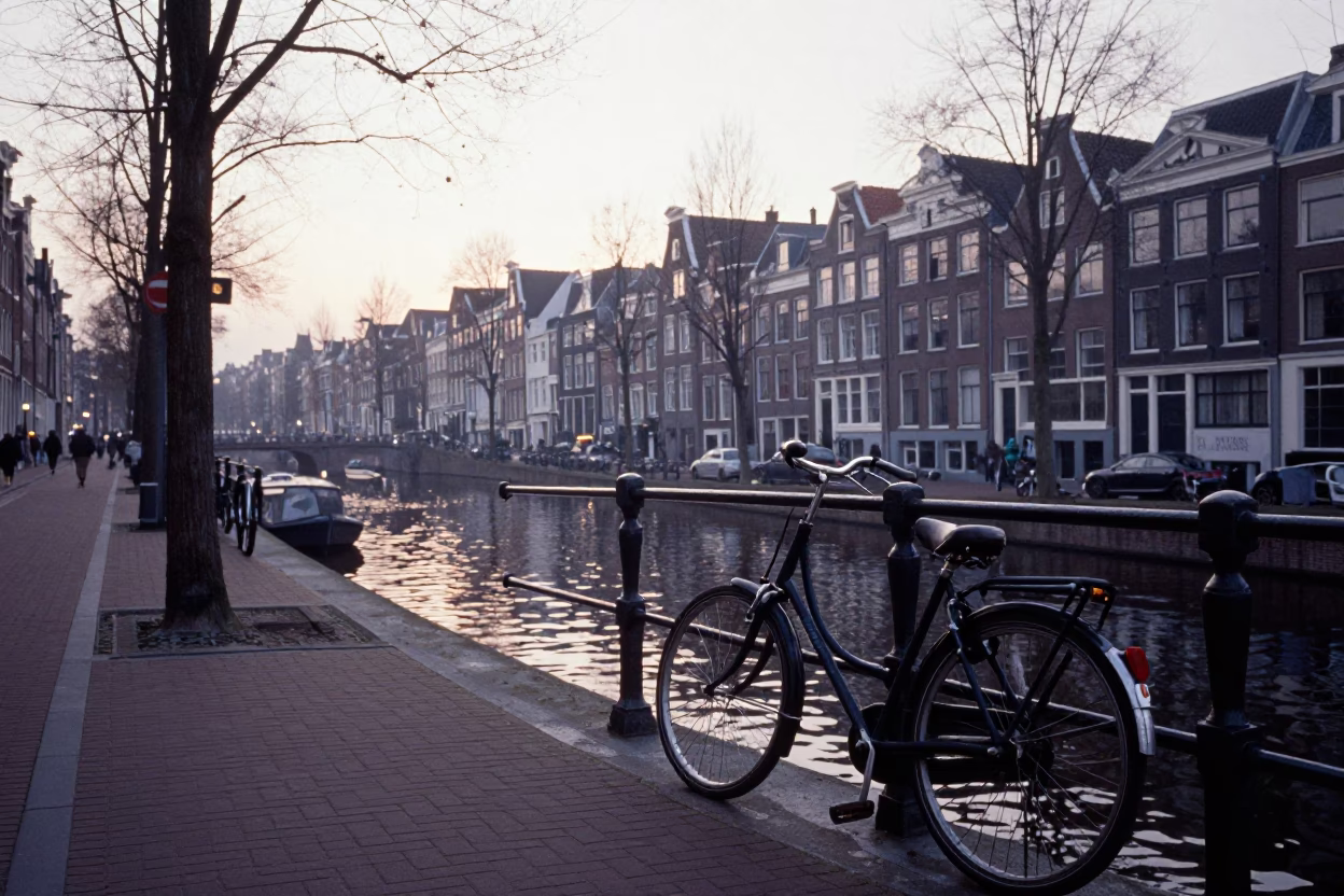 Early Morning Amsterdam Street Scene with Bicycle and Canal Reflections in in Amsterdam, Netherlands