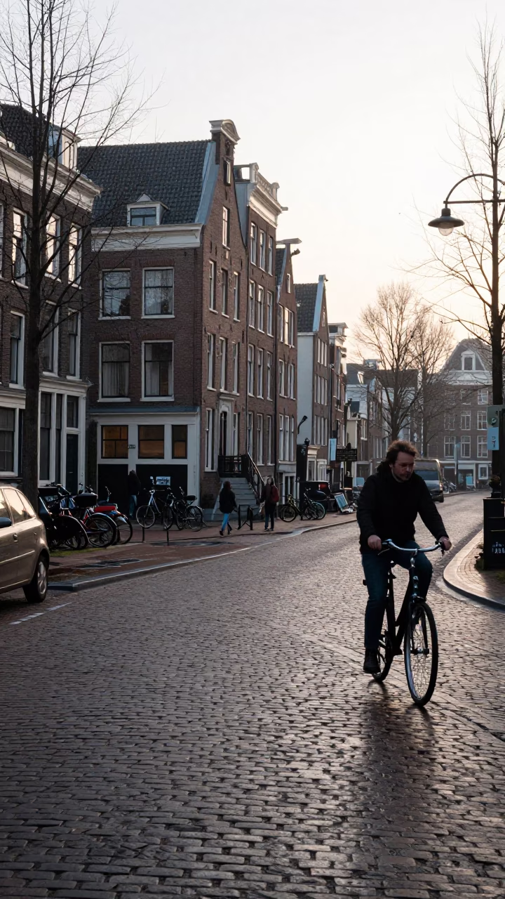 Early Morning Amsterdam Street Scene with Vintage Details and Local Life in in Amsterdam, Netherlands