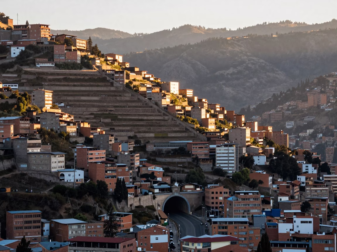 Early Morning Andean Cityscape of La Paz Bolivia with Tunnel Portal Signal Lamp in in La Paz, Bolivia