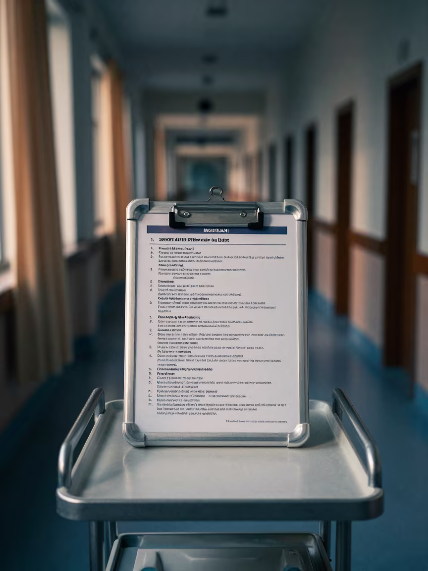 Early Morning Anesthesia Checklist Board in Multan Corridor in on a bedside table near Multan