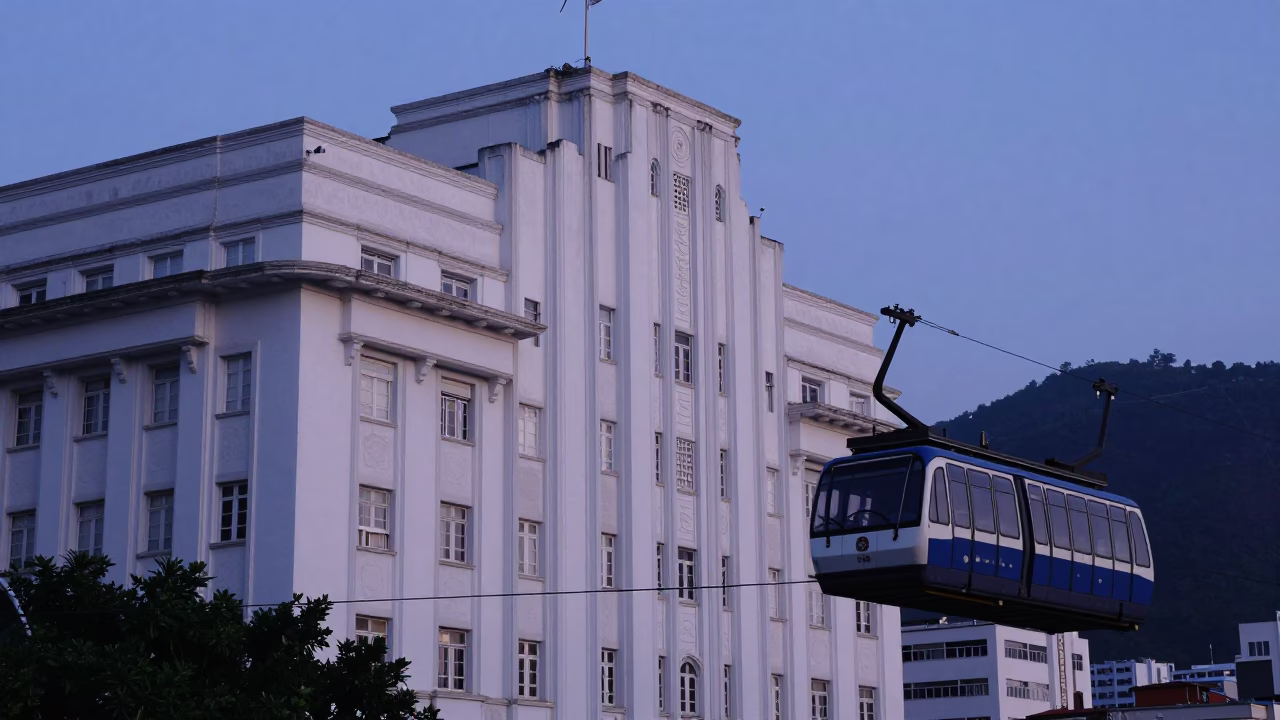 Early Morning Art Deco Hotel Facade and Funicular in Rio de Janeiro Before Dawn in in Rio de Janeiro, Brazil