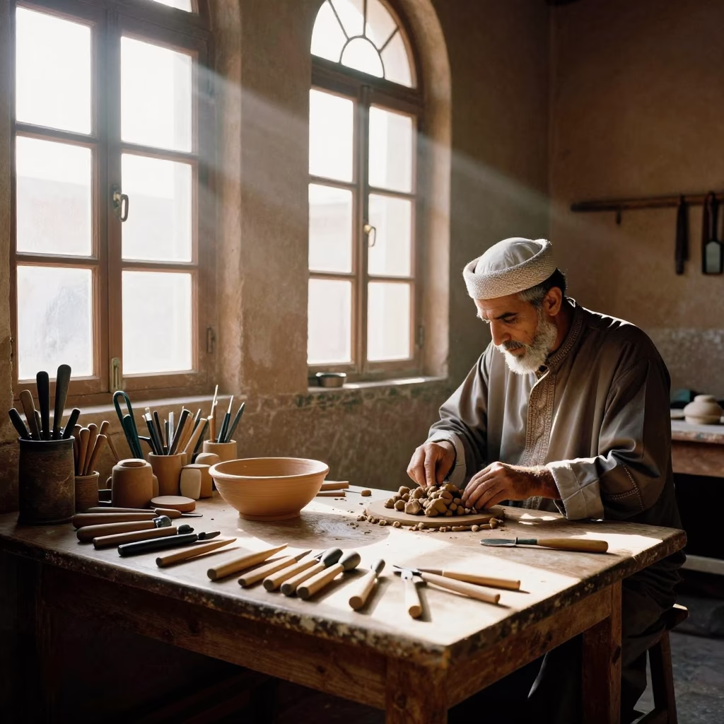 Early Morning Artisan Workshop in Fez Morocco with Wooden Tools and Clay in in Fez, Morocco