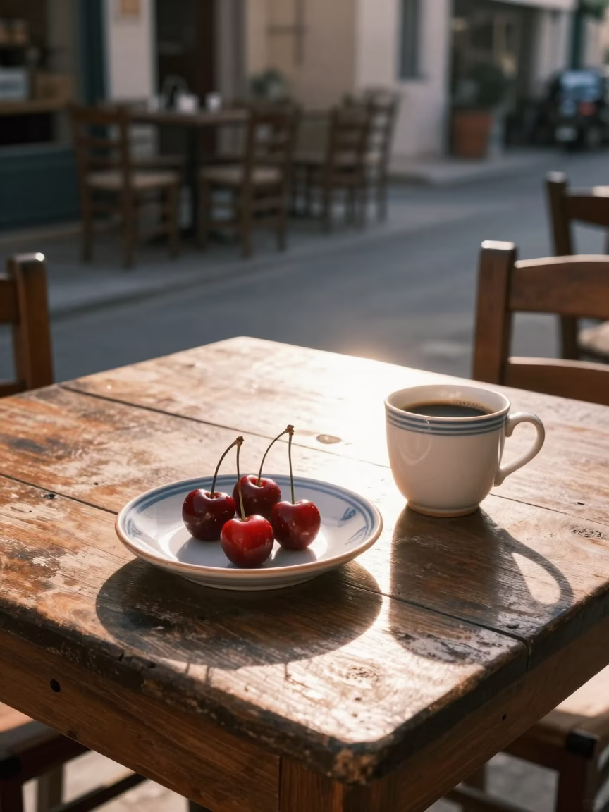 Early Morning Athenian Breakfast Scene with Cherries and Tin Box at First Light in in Athens, Greece
