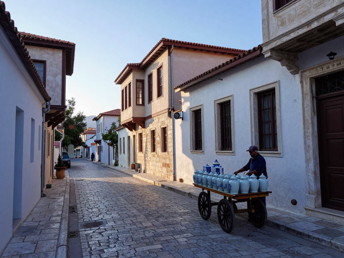 Early Morning Athens Greece Street Scene with Blue and White Porcelain Details in in Athens, Greece
