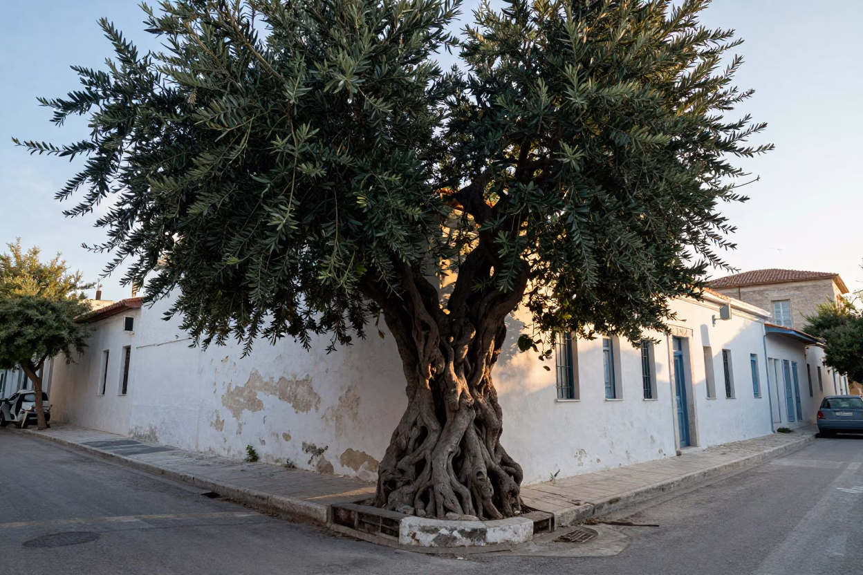 Early Morning Athens Greece Street Scene with Gnarled Ancient Olive Tree and Vine in in Athens, Greece
