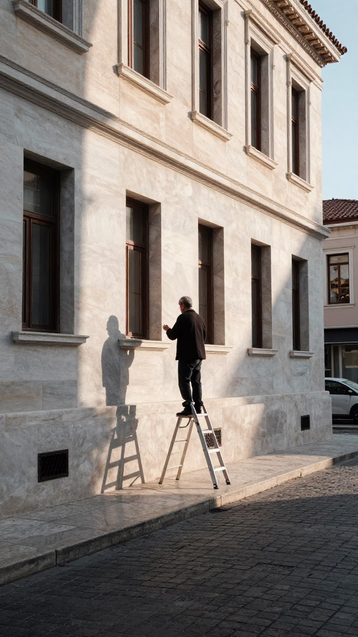 Early Morning Athens Greece Street Scene with Step Ladder and Local Morning Routine in in Athens, Greece