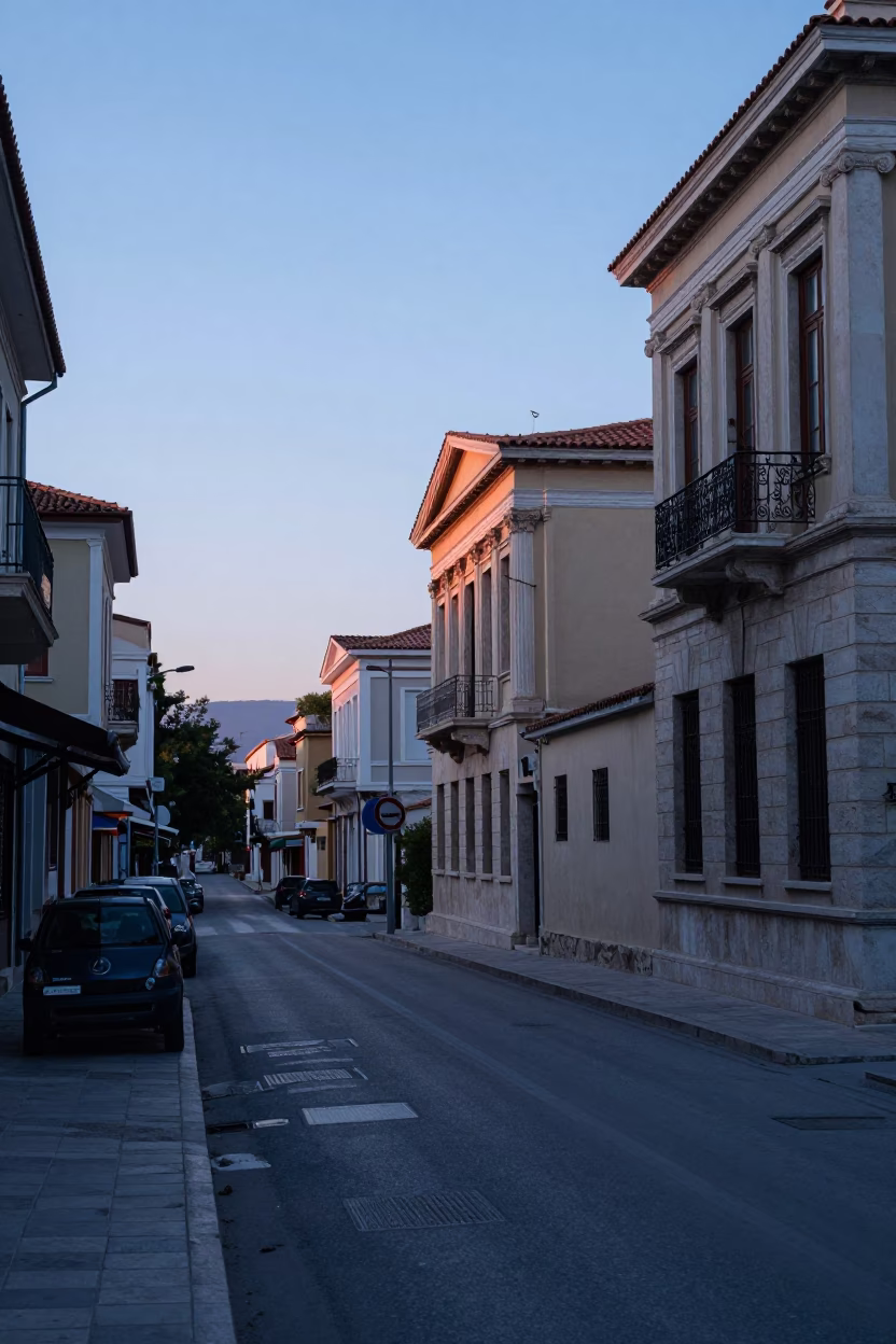 Early Morning Athens Street Scene Before Sunrise with Local Bakery Display in in Athens, Greece