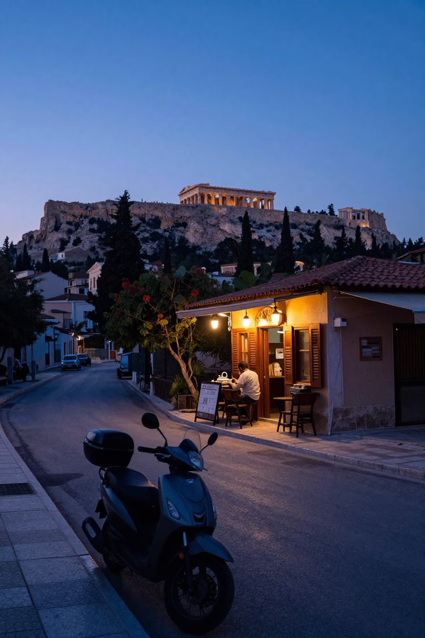 Early Morning Athens Street Scene Before Sunrise with Motorcycle and Tea in in Athens, Greece