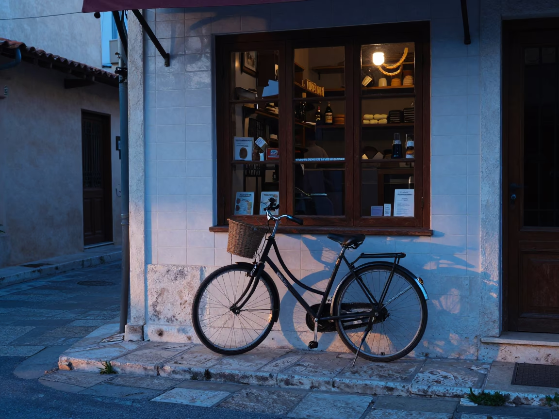 Early Morning Athens Street Scene with Bicycle and Bakery Before Sunrise in in Athens, Greece