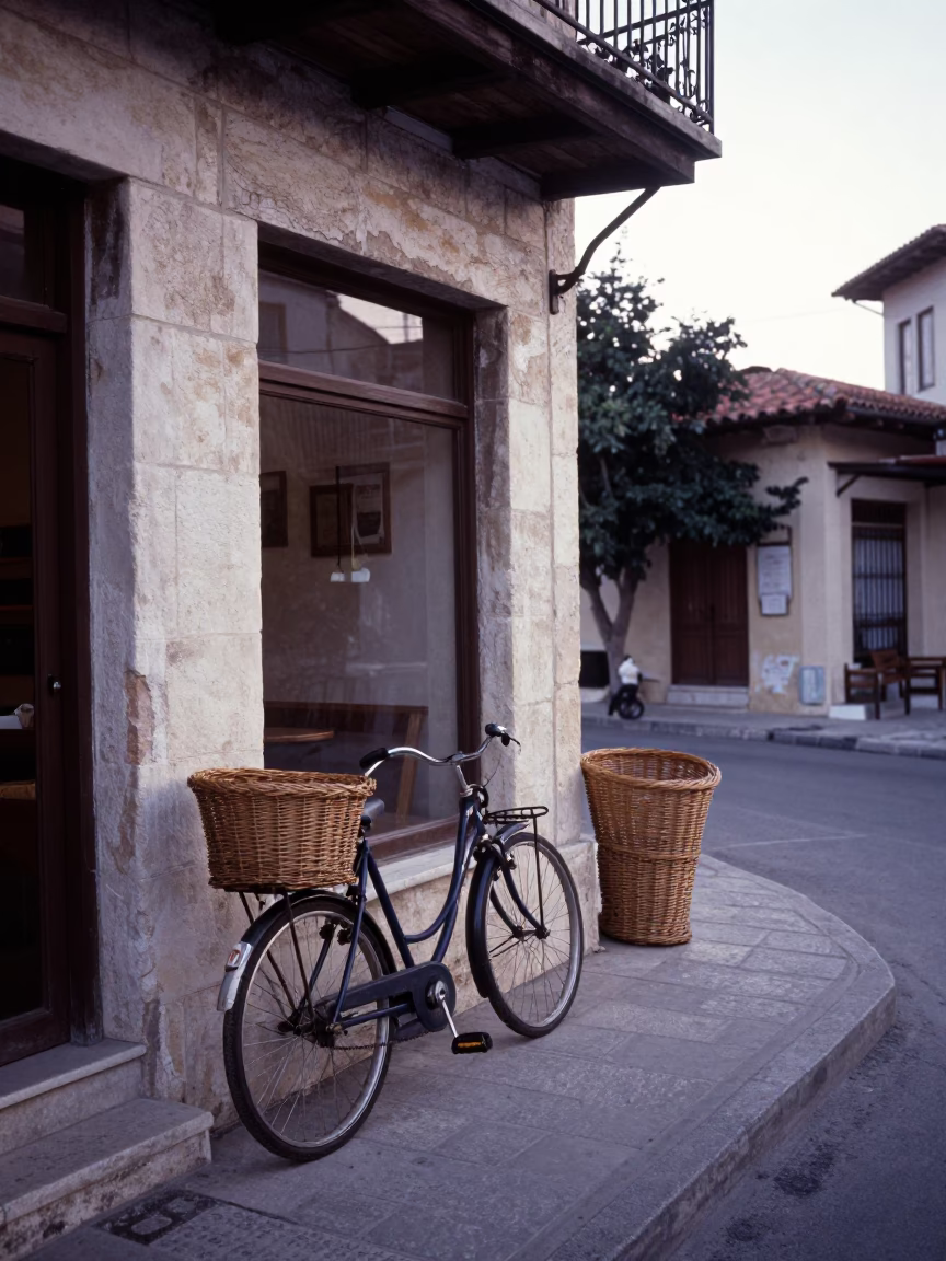 Early Morning Athens Street Scene with Bicycle and Wicker Shadow in in Athens, Greece