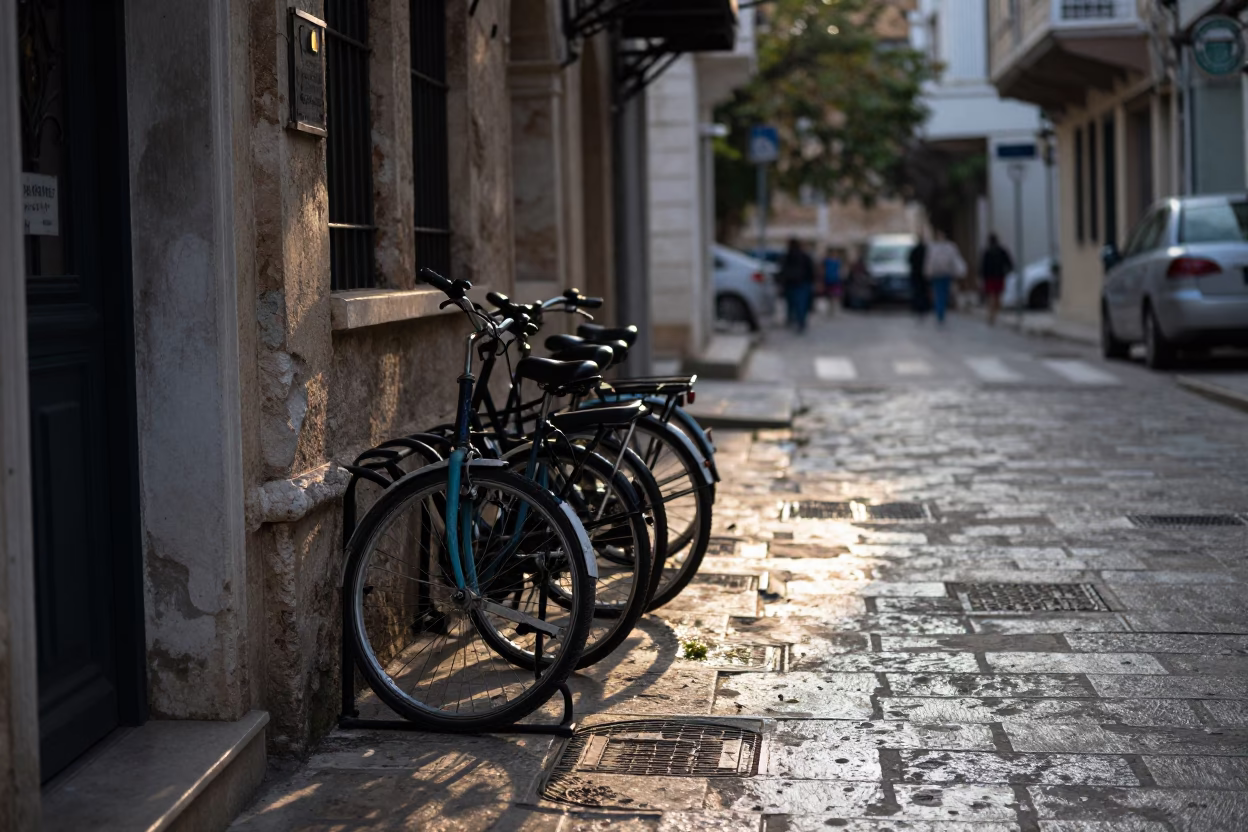 Early Morning Athens Street Scene with Bicycle Rack and Urban Details in in Athens, Greece