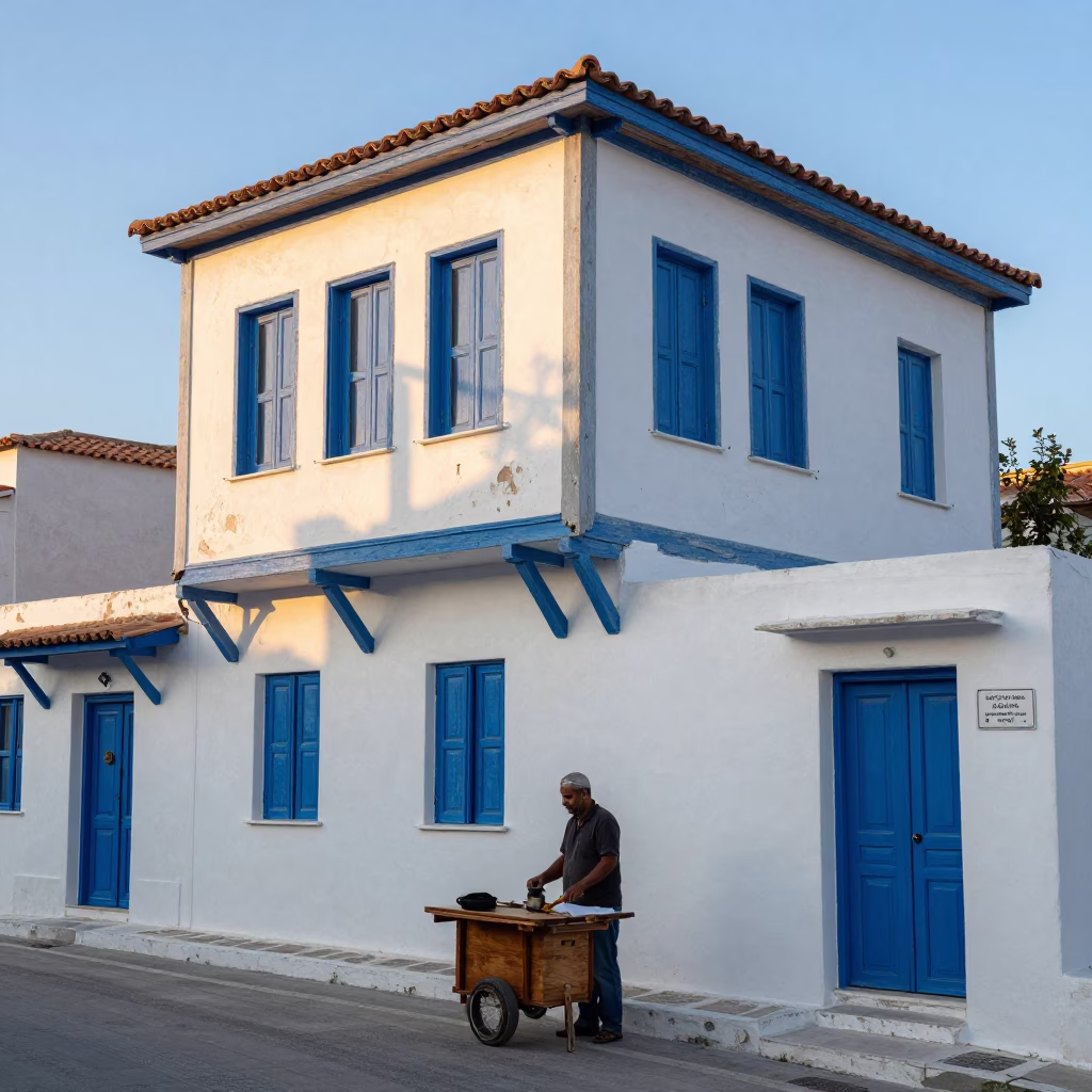 Early Morning Athens Street Scene with Blue and White Facades and Local Bakery Goods in in Athens, Greece