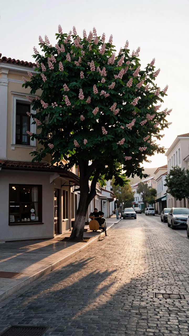 Early Morning Athens Street Scene with Chestnut Tree and Wicker Basket in in Athens, Greece