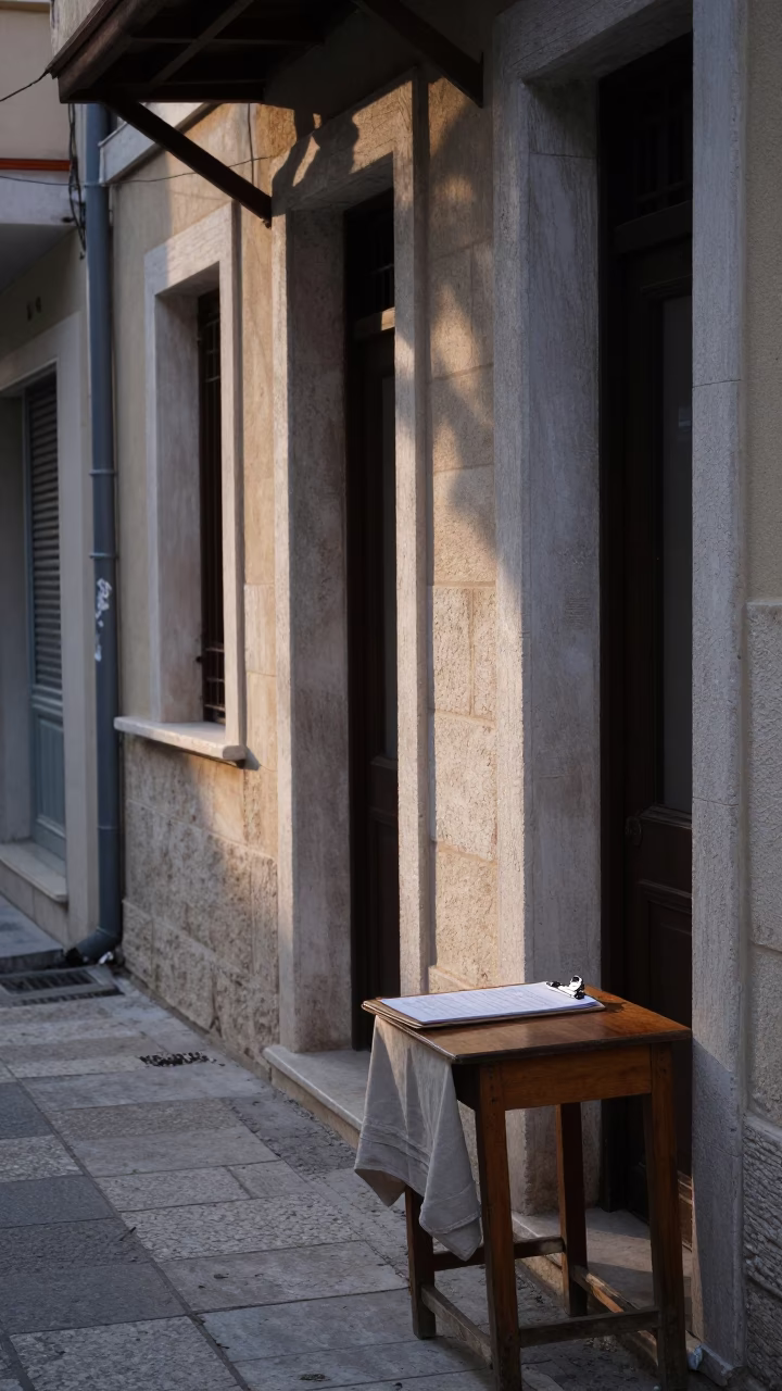 Early Morning Athens Street Scene with Clipboard and Linen Doorframe Details in in Athens, Greece