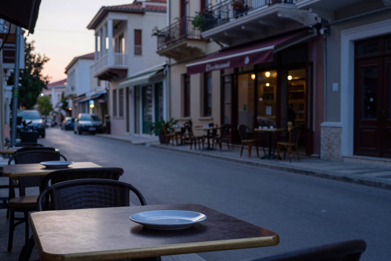 Early Morning Athens Street Scene with Coffee Shop and Urban Details in in Athens, Greece