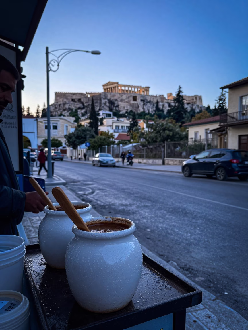 Early Morning Athens Street Scene with Condensation and Blue Porcelain Jar in in Athens, Greece