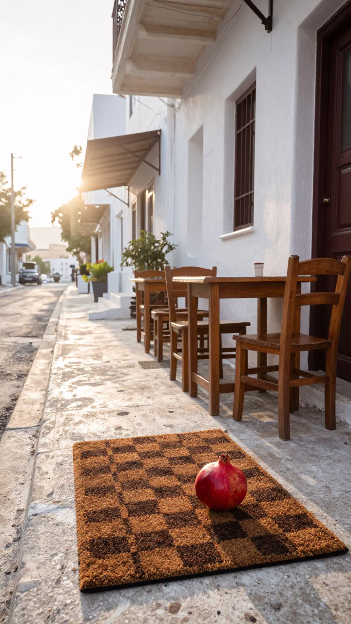 Early Morning Athens Street Scene with Doormat and Pomegranate at Greek Cafe in in Athens, Greece