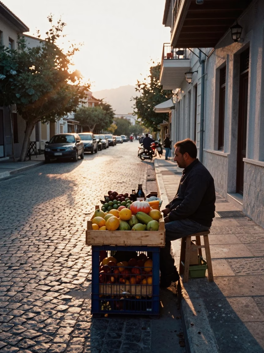 Early Morning Athens Street Scene with Fruit Crate and Hibiscus Flower Detail in in Athens, Greece