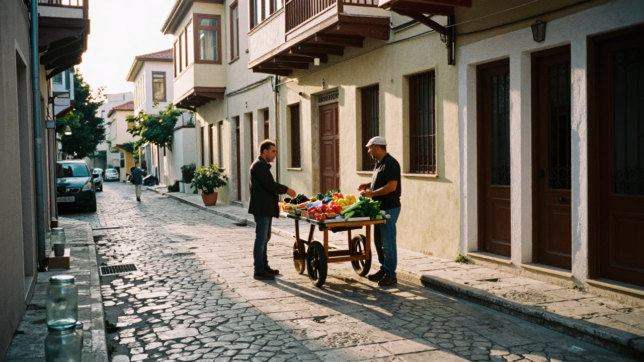 Early Morning Athens Street Scene with Glass Jar and Local Market Interaction in in Athens, Greece