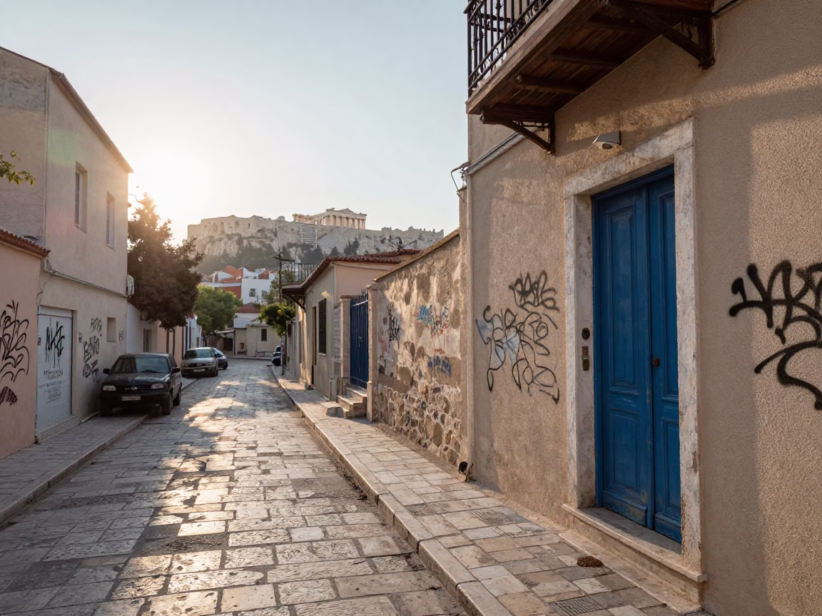 Early Morning Athens Street Scene with Graffiti and Urban Architecture in in Athens, Greece