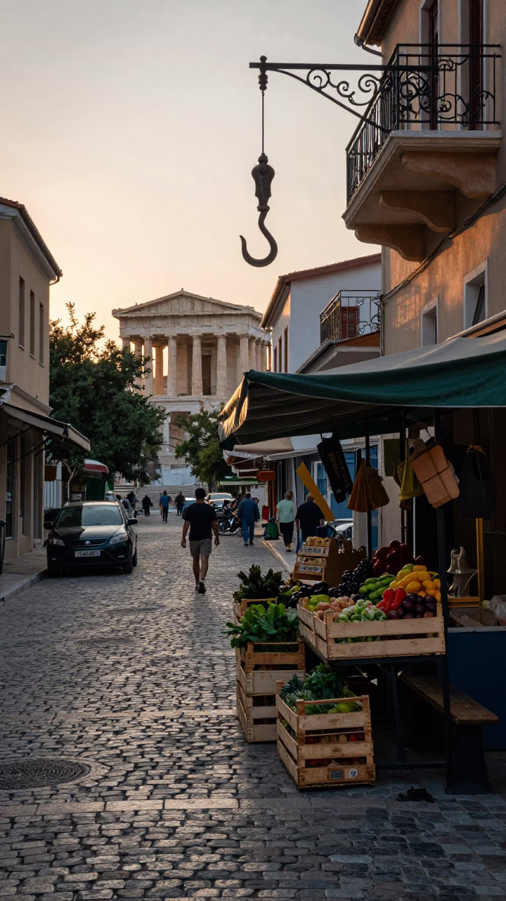 Early Morning Athens Street Scene with Iron Hook and Local Market Activity in in Athens, Greece
