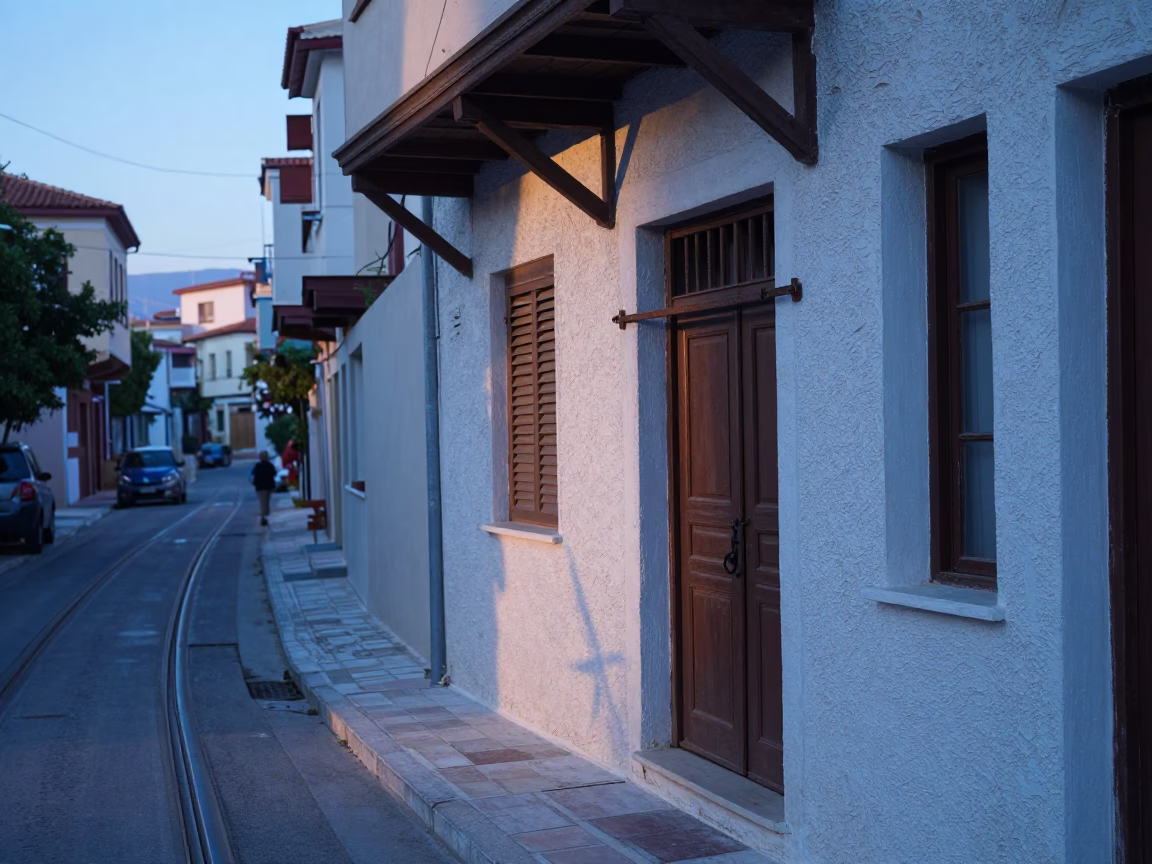 Early Morning Athens Street Scene with Latch and Funicular Hill in in Athens, Greece